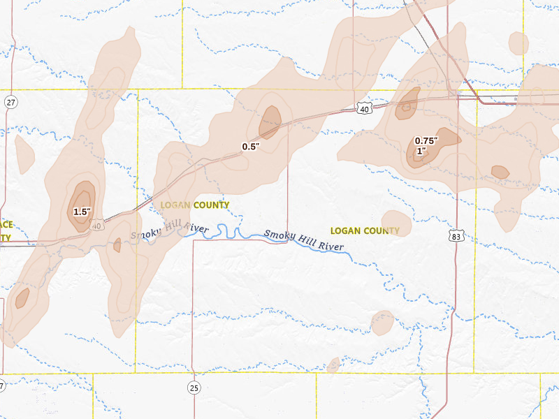 Radar-estimated hail-size map of the storm over Winona, KS on Jun 30, 2026