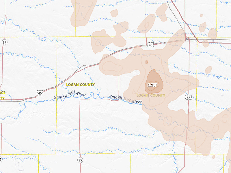 Radar-estimated hail-size map of the storm over Winona, KS on Jul 3, 2026