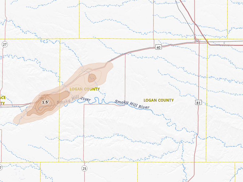 Radar-estimated hail-size map of the storm over Winona, KS on Jul 23, 2026