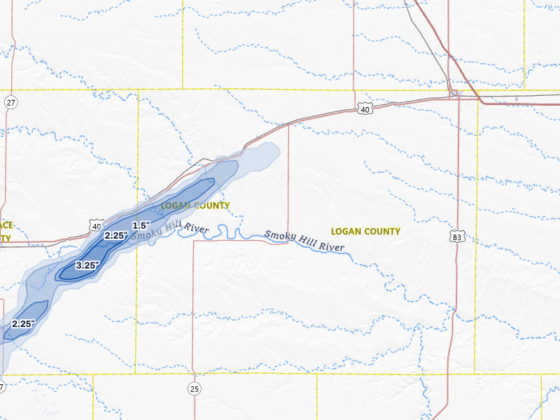 NEXRAD radar-signature map of the hail storm over Winona, KS on Jul 23, 2026