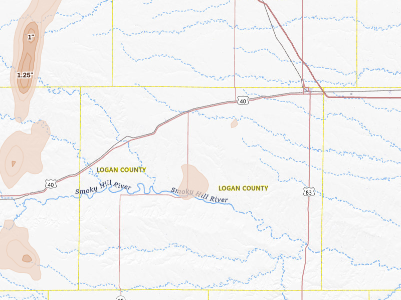 Radar-estimated hail-size map of the storm over Winona, KS on Aug 14, 2026
