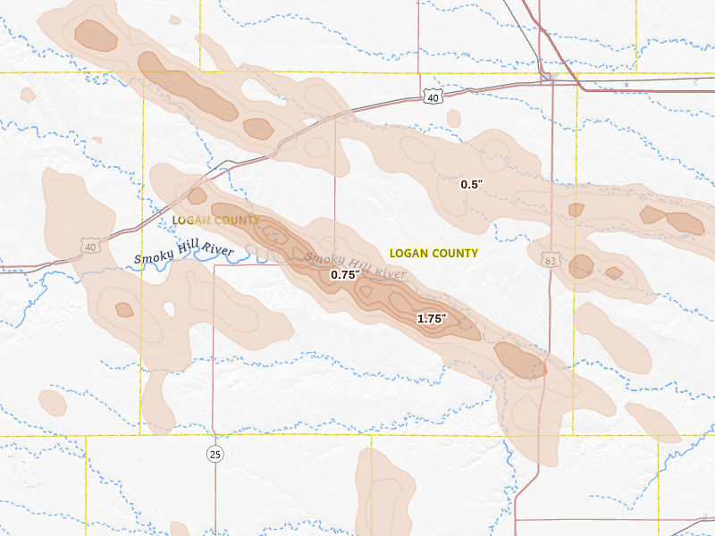 Radar-estimated hail-size map of the storm over Winona, KS on Aug 19, 2026