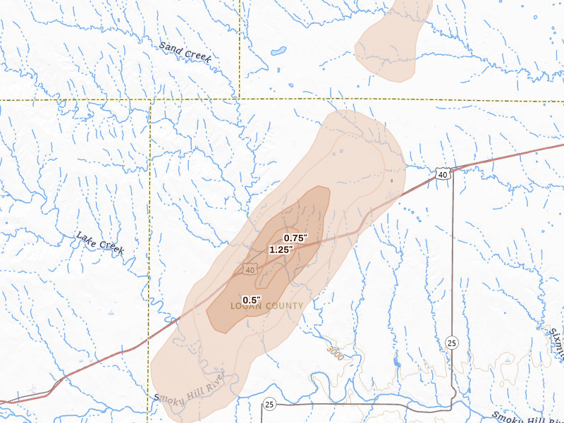 Radar-estimated hail-size map of the storm over Winona, KS on Aug 20, 2026