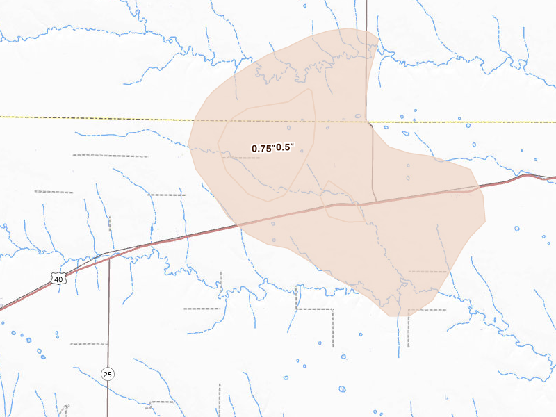 Radar-estimated hail-size map of the storm over Winona, KS on Aug 21, 2026