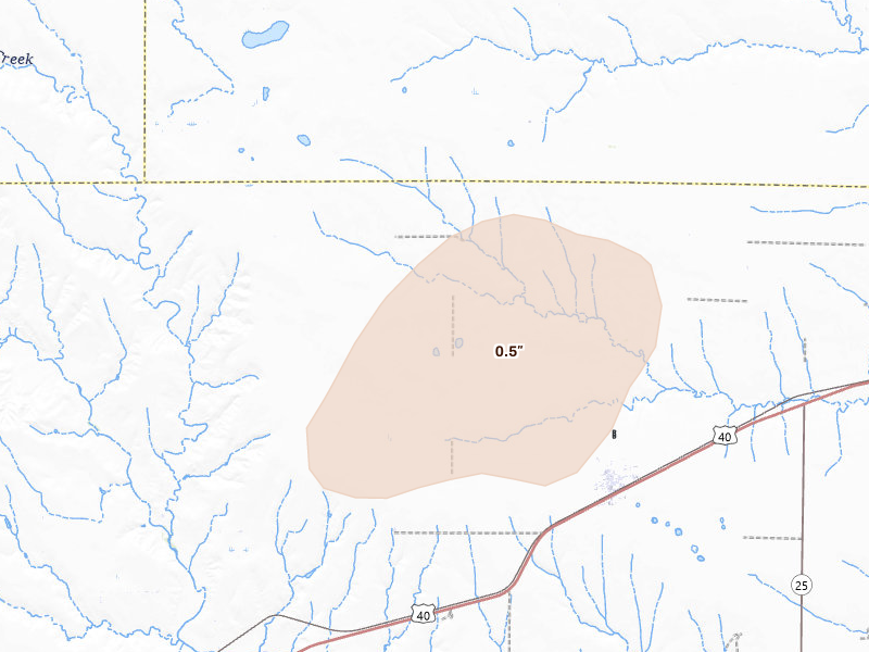 Radar-estimated hail-size map of the storm over Winona, KS on Aug 30, 2026