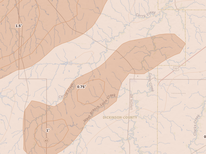 Radar-estimated hail-size map of the storm over Woodbine, KS on Apr 26, 2026