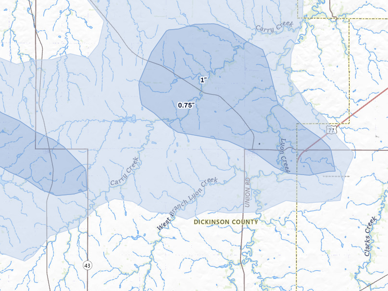 NEXRAD radar-signature map of the hail storm over Woodbine, KS on May 17, 2026