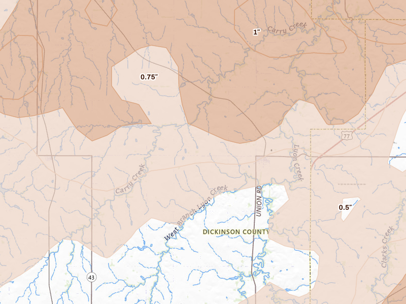 Radar-estimated hail-size map of the storm over Woodbine, KS on May 18, 2026