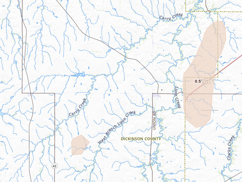 Radar-estimated hail-size map of the storm over Woodbine, KS on May 30, 2026