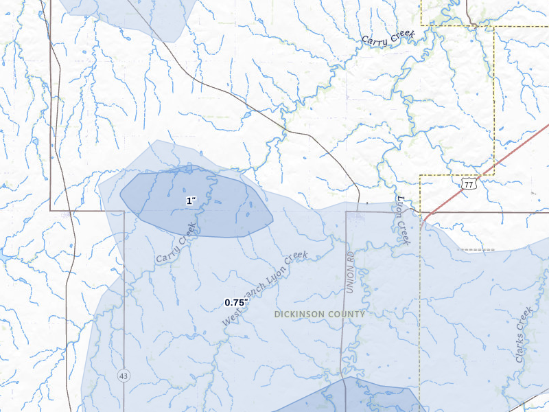 NEXRAD radar-signature map of the hail storm over Woodbine, KS on Jun 8, 2026