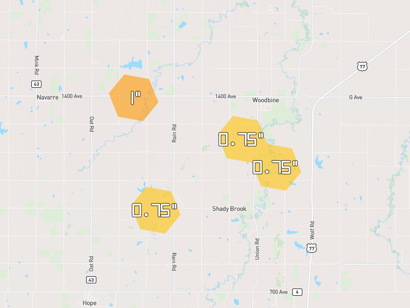 Hail map of Woodbine, KS on Jun 9, 2026, hail up to 1"