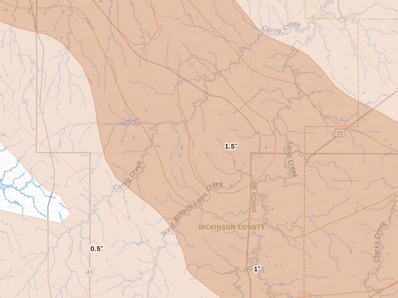 Radar-estimated hail-size map of the storm over Woodbine, KS on Jun 10, 2026
