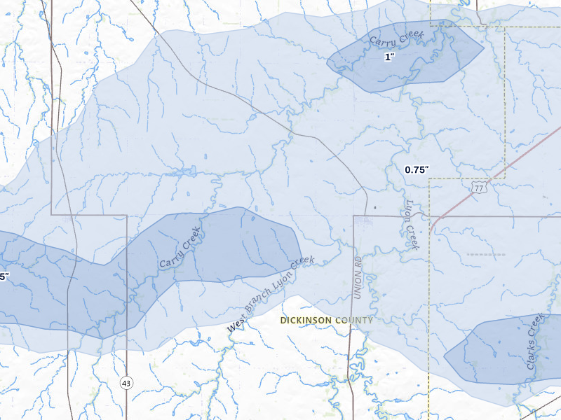 NEXRAD radar-signature map of the hail over Woodbine, KS
