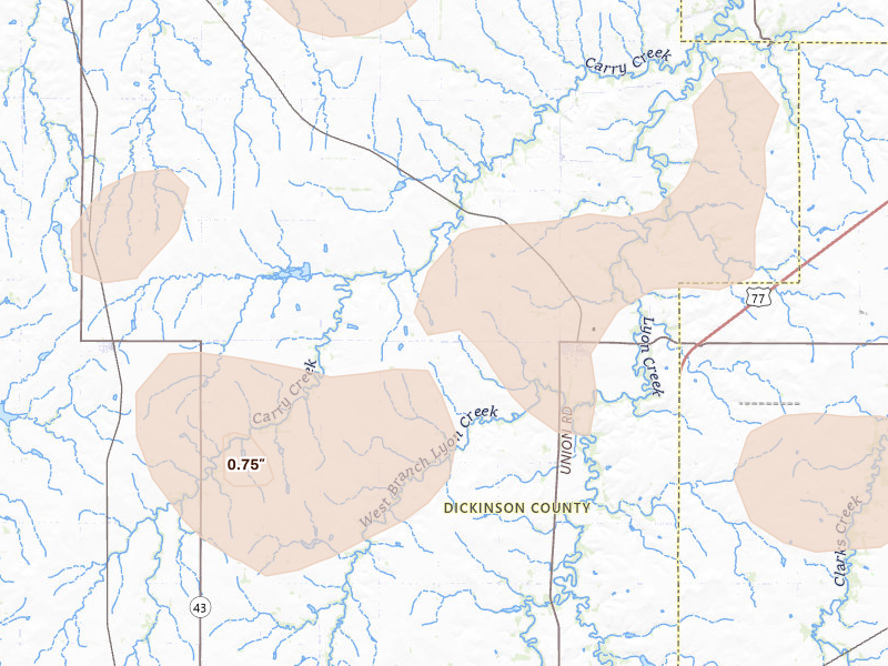 Radar-estimated hail-size map of the storm over Woodbine, KS on Jul 9, 2026