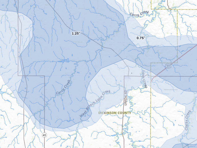NEXRAD radar-signature map of the hail storm over Woodbine, KS on Jul 9, 2026