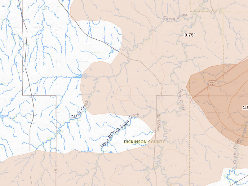 Radar-estimated hail-size map of the storm over Woodbine, KS on Aug 6, 2026