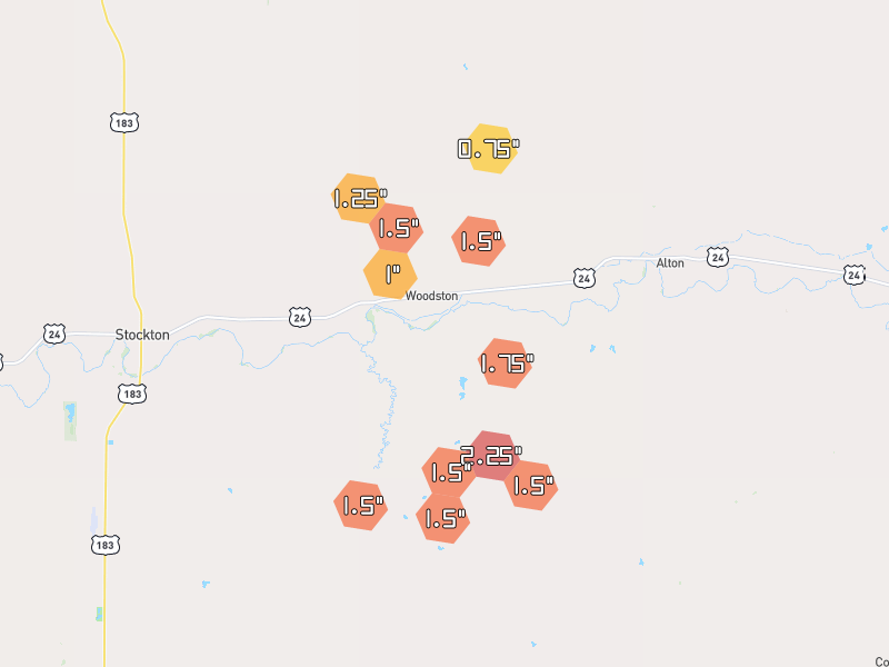 Hail map of Woodston, KS on Jun 9, 2026, hail up to 2.25"