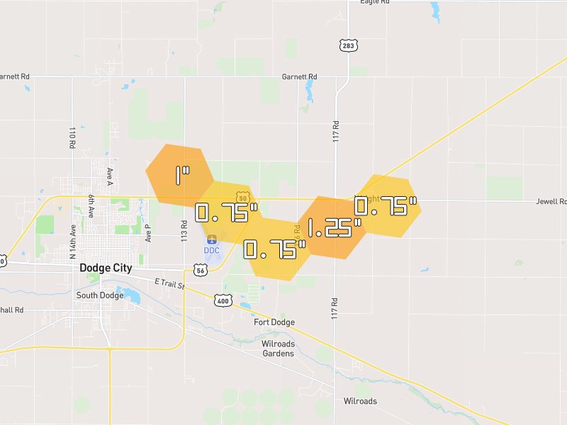Hail map of Wright, KS on Jun 2, 2026, hail up to 1.25"