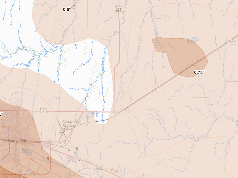 Radar-estimated hail-size map of the storm over Wright, KS on Jun 20, 2026