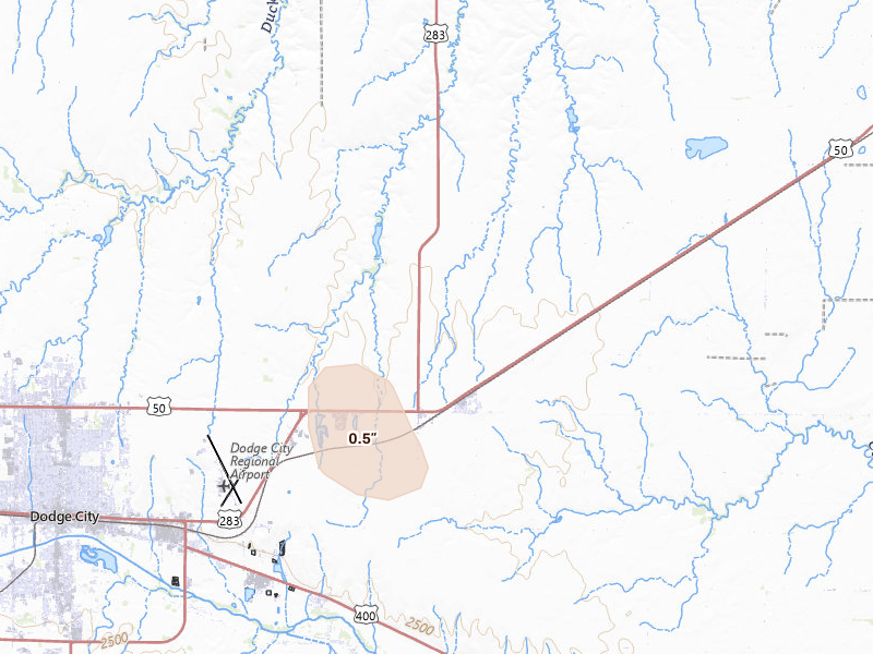 Radar-estimated hail-size map of the storm over Wright, KS on Aug 26, 2026