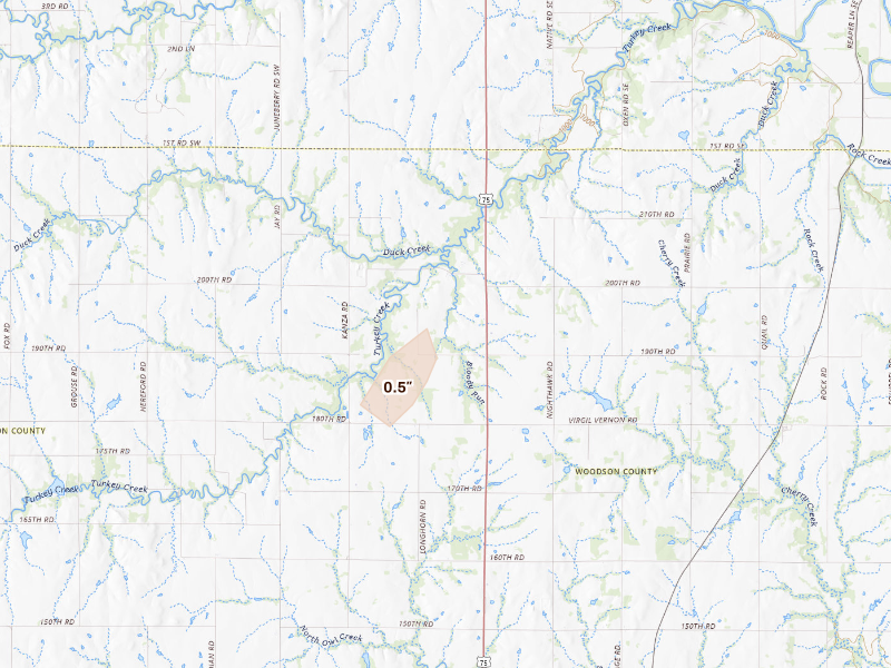 Radar-estimated hail-size map of the storm over Yates Center, KS on Mar 5, 2026