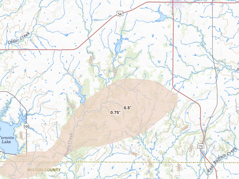 Radar-estimated hail-size map of the storm over Yates Center, KS on Mar 31, 2026
