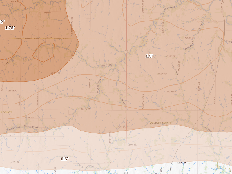 Radar-estimated hail-size map of the storm over Yates Center, KS on Apr 26, 2026