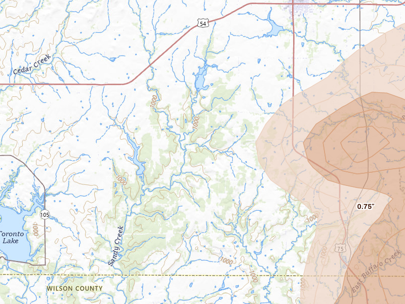 Radar-estimated hail-size map of the storm over Yates Center, KS on May 30, 2026