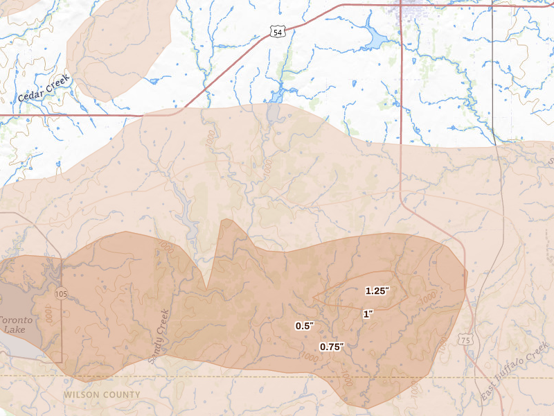 Radar-estimated hail-size map of the storm over Yates Center, KS on May 31, 2026