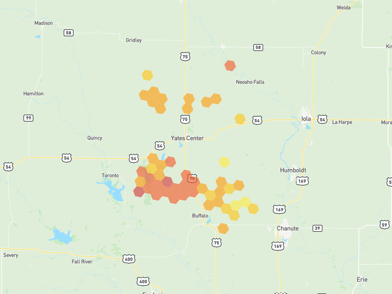 Hail map of Yates Center, KS on Jun 1, 2026, hail up to 2"