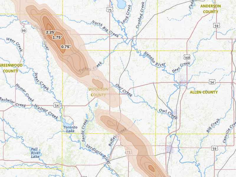 Radar-estimated hail-size map of the storm over Yates Center, KS on Jun 16, 2026