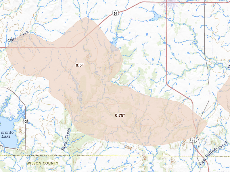 Radar-estimated hail-size map of the storm over Yates Center, KS on Jun 17, 2026