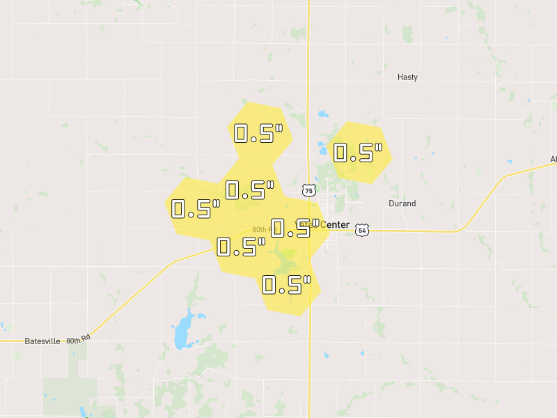 Hail map of Yates Center, KS on Jun 26, 2026, hail up to 0.5"