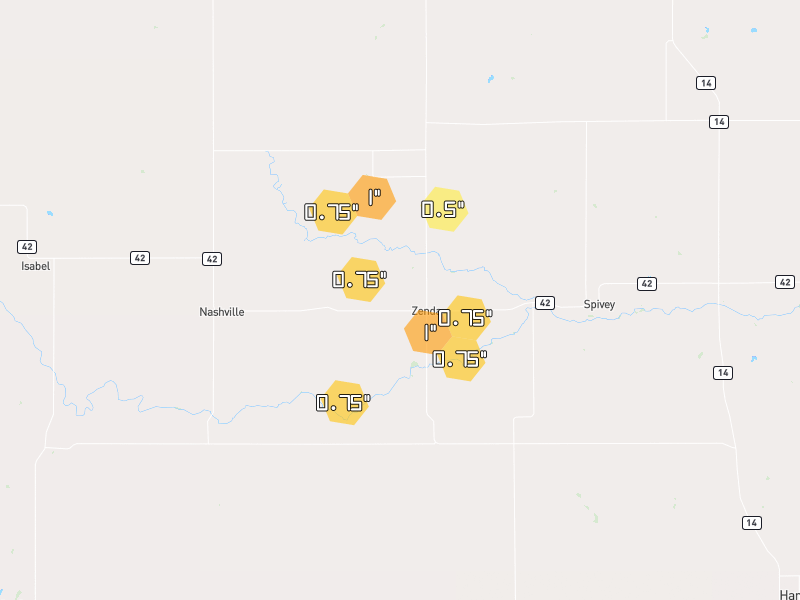 Hail map of Zenda, KS on Jun 2, 2026, hail up to 1"
