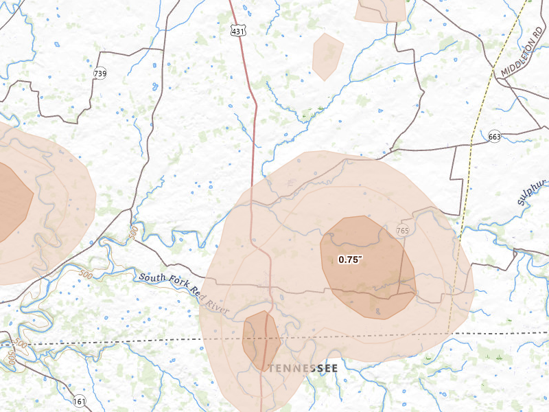 Radar-estimated hail-size map of the storm over Adairville, KY on Jul 3, 2026