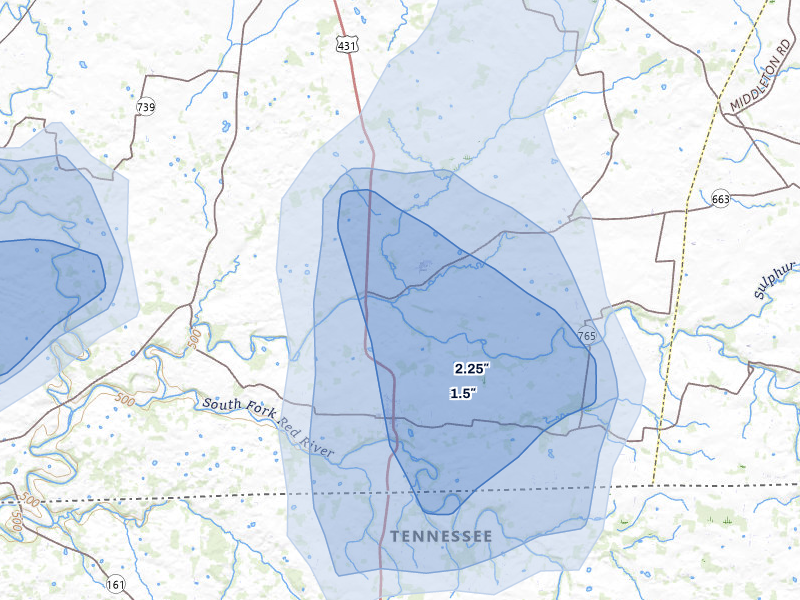 NEXRAD radar-signature map of the hail over Adairville, KY