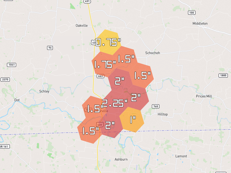 Hail map of Adairville, KY on Jul 3, 2026, hail up to 2.25"