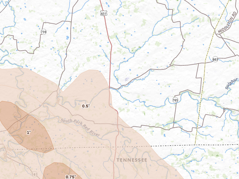 Radar-estimated hail-size map of the storm over Adairville, KY on Jul 21, 2026