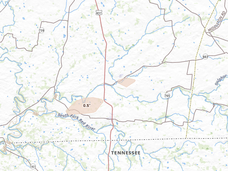 Radar-estimated hail-size map of the storm over Adairville, KY on Aug 8, 2026