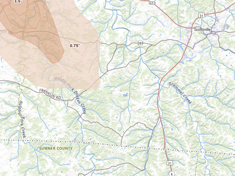 Radar-estimated hail-size map of the storm over Adolphus, KY on Jul 21, 2026