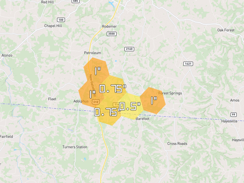 Hail map of Adolphus, KY on Jul 21, 2026, hail up to 1"