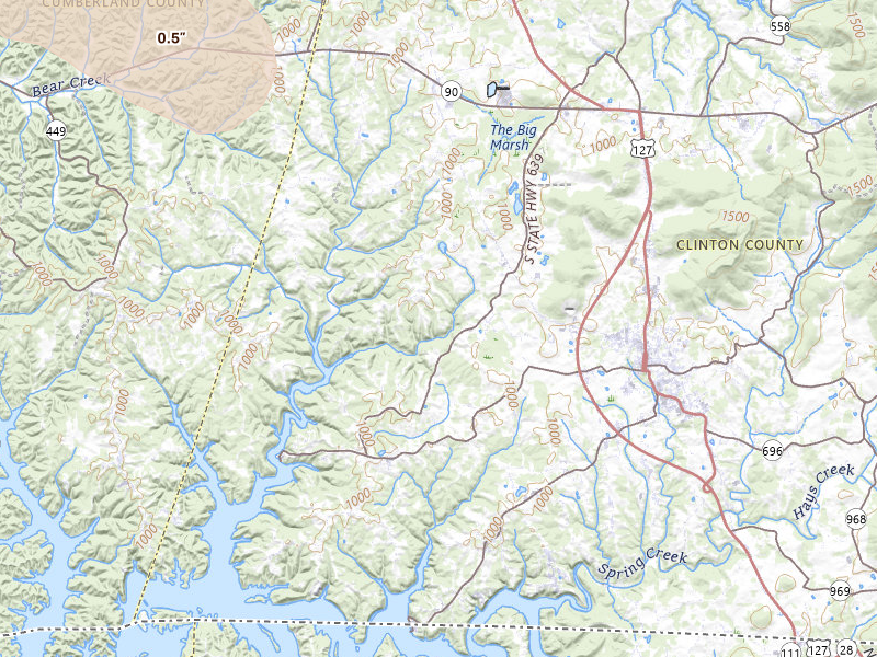 Radar-estimated hail-size map of the storm over Albany, KY on Jul 21, 2026