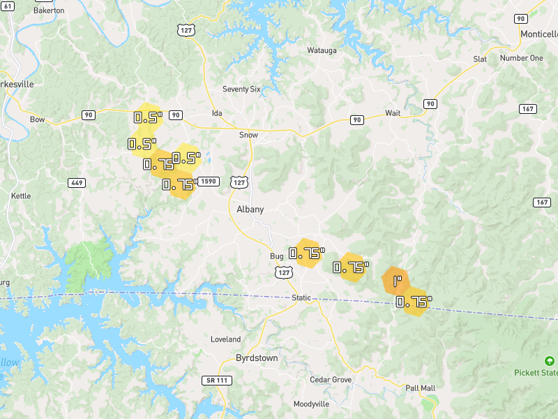 Hail map of Albany, KY on Jul 22, 2026, hail up to 1"