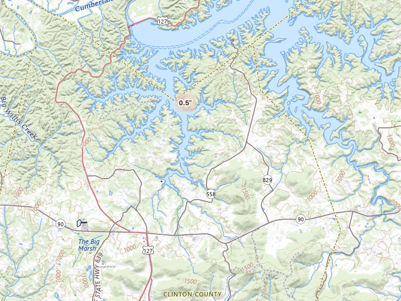 Radar-estimated hail-size map of the storm over Albany, KY on Aug 5, 2026
