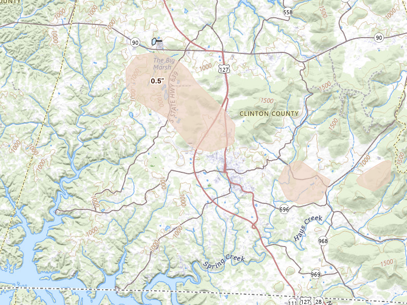 Radar-estimated hail-size map of the storm over Albany, KY on Aug 19, 2026