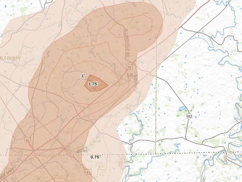 Radar-estimated hail-size map of the storm over Allensville, KY on Jul 2, 2026