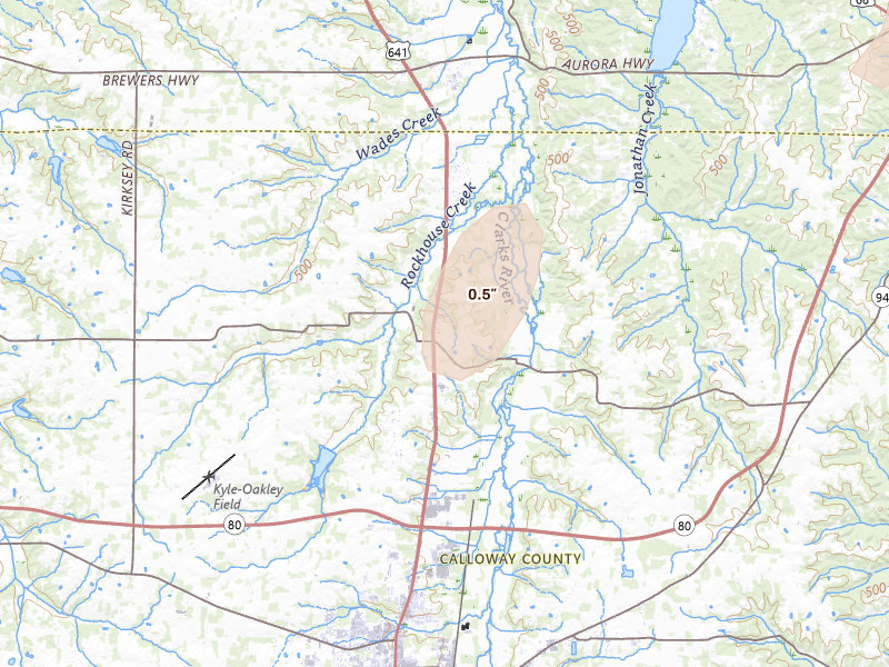 Radar-estimated hail-size map of the storm over Almo, KY on May 19, 2026