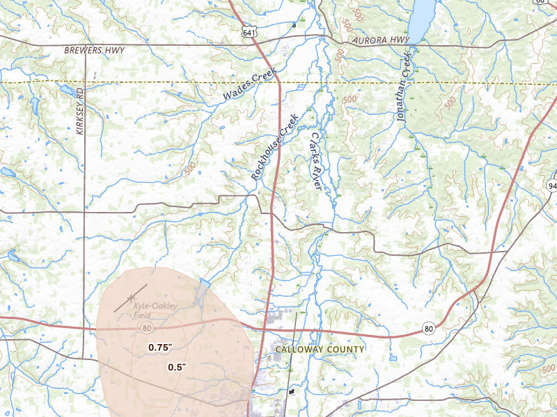 Radar-estimated hail-size map of the storm over Almo, KY on Jul 2, 2026