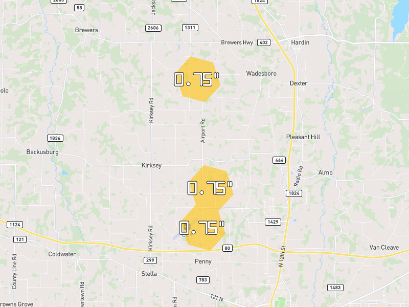 Hail map of Almo, KY on Jul 3, 2026, hail up to 0.75"