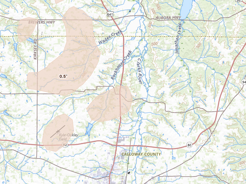 Radar-estimated hail-size map of the storm over Almo, KY on Jul 8, 2026